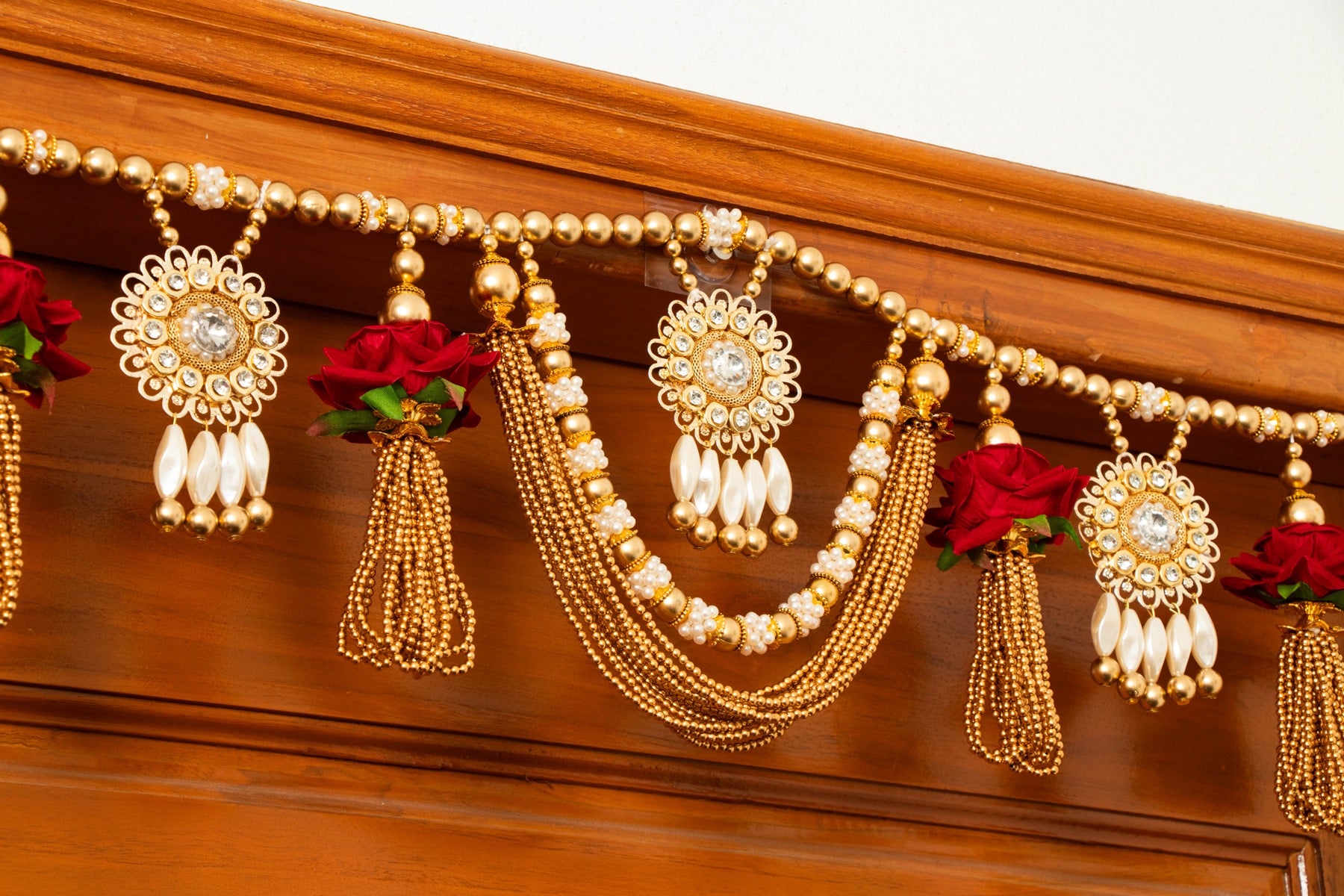Handcrafted Red Floral Pearl & Beaded Door Toran with Kundan Stone Work