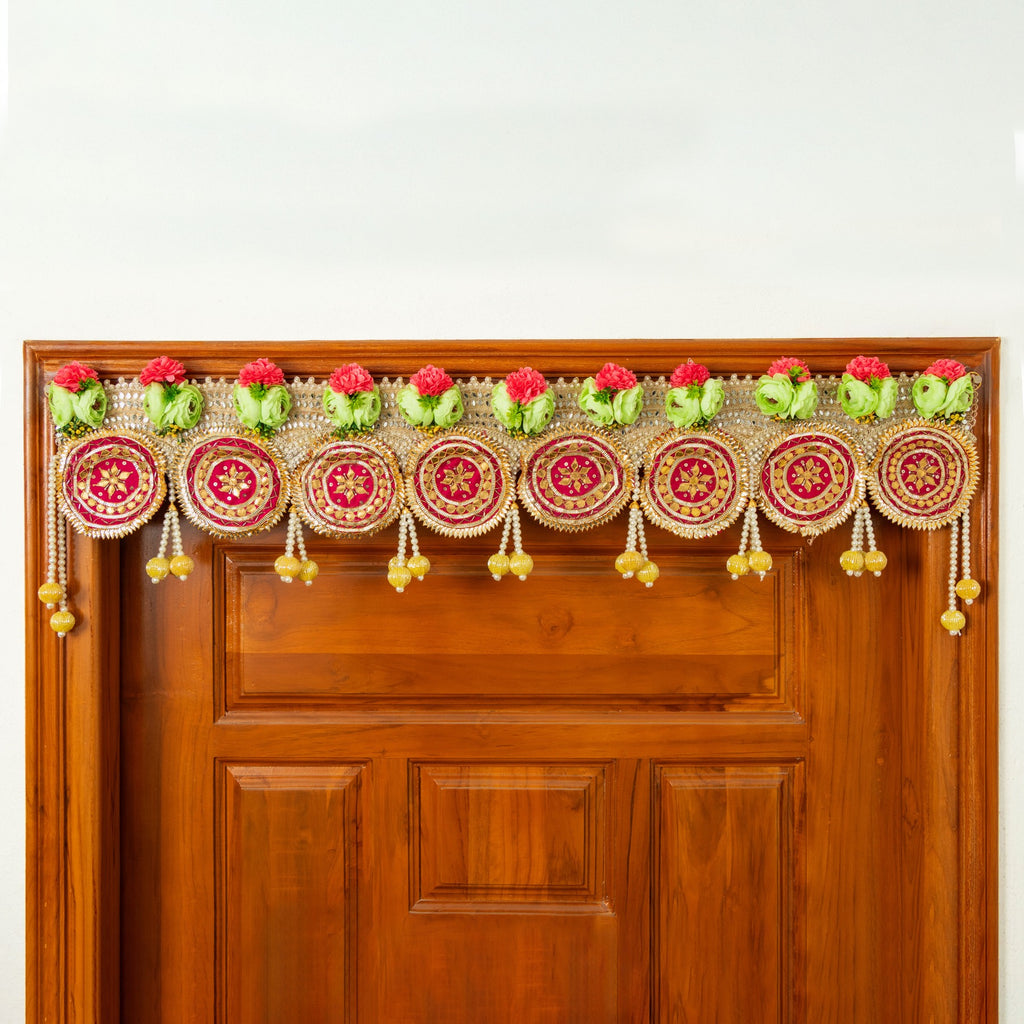 Handcrafted Mirror, Gotta Patti & Floral Pearl Tassel Toran