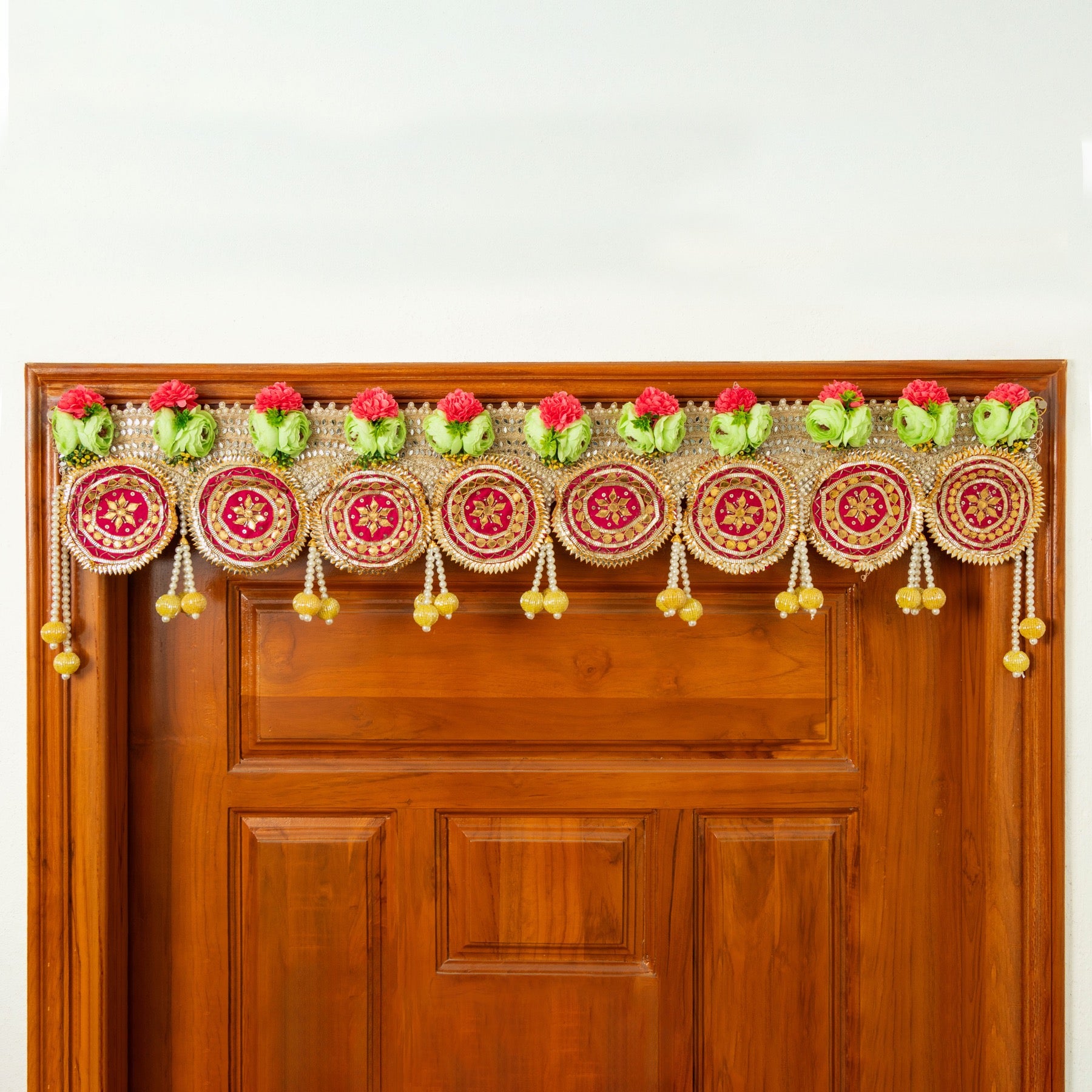 Handcrafted Mirror, Gotta Patti & Floral Pearl Tassel Toran