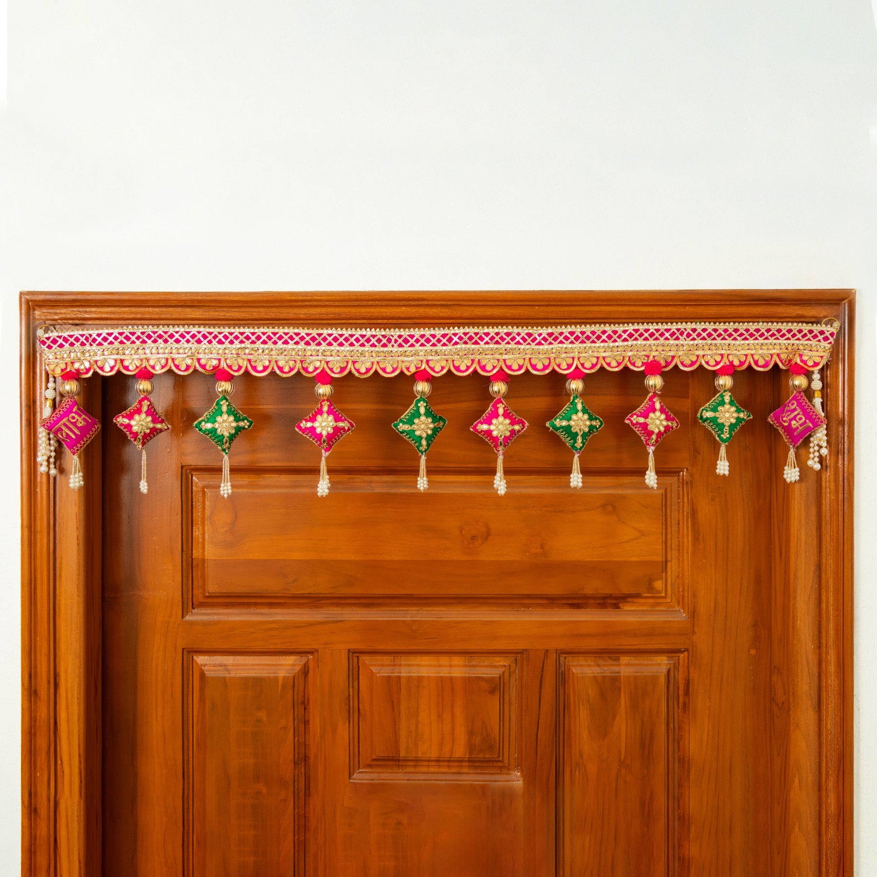 Handcrafted Multicolor Fabric Embroidered Shubh Labh Toran with Gota Patti Work