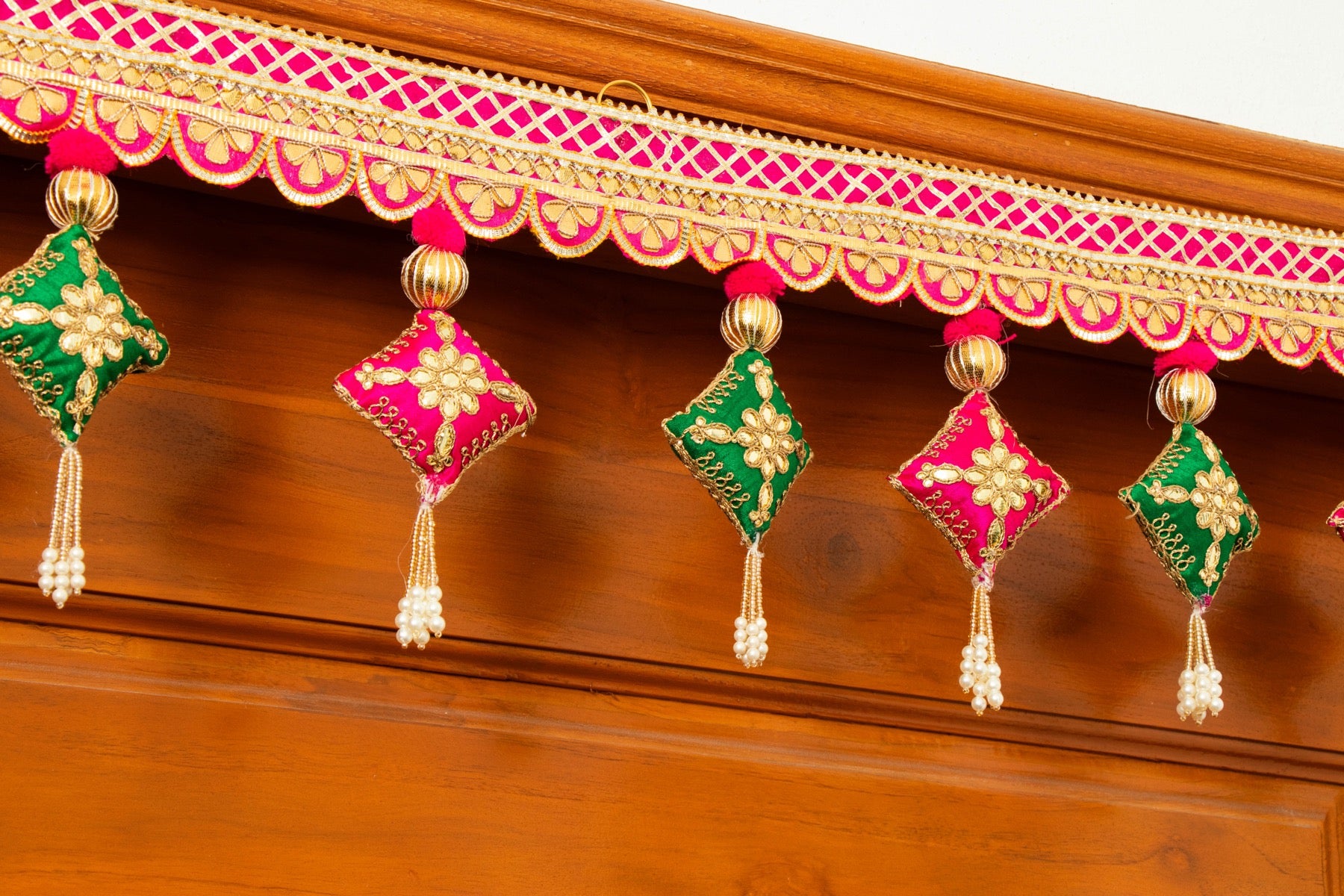 Handcrafted Multicolor Fabric Embroidered Shubh Labh Toran with Gota Patti Work