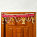 Handcrafted Rose Red Mirror, Pearl & Tassel Work Toran