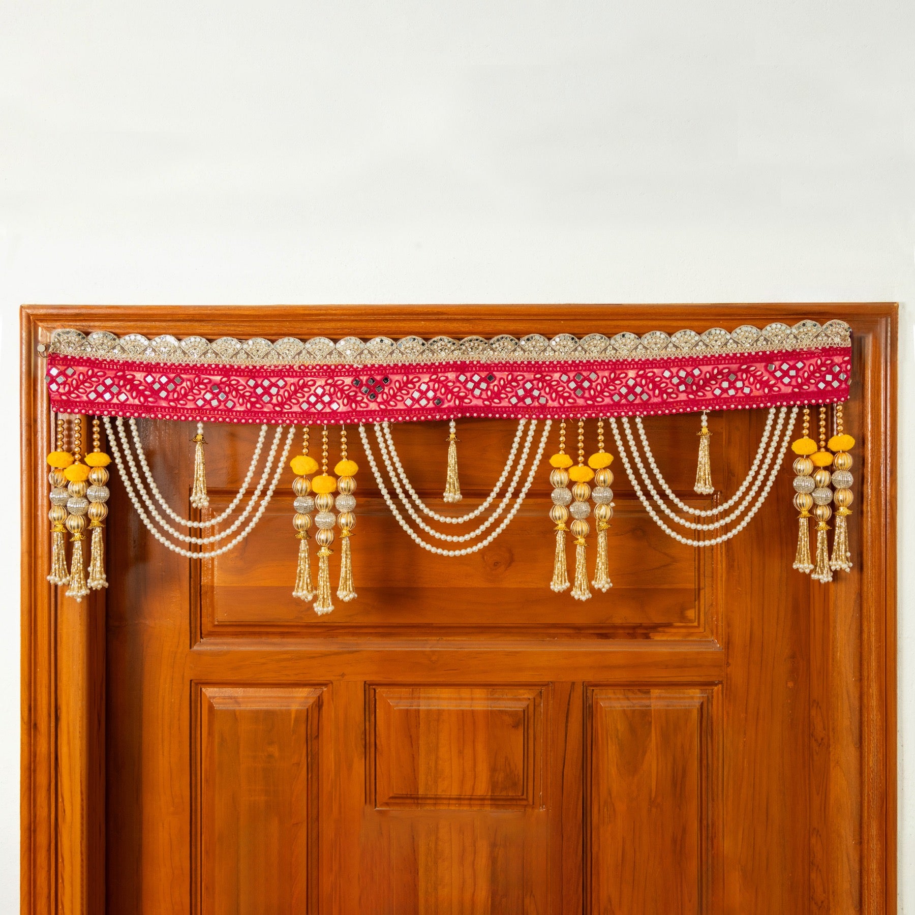 Handcrafted Rose Red Mirror, Pearl & Tassel Work Toran