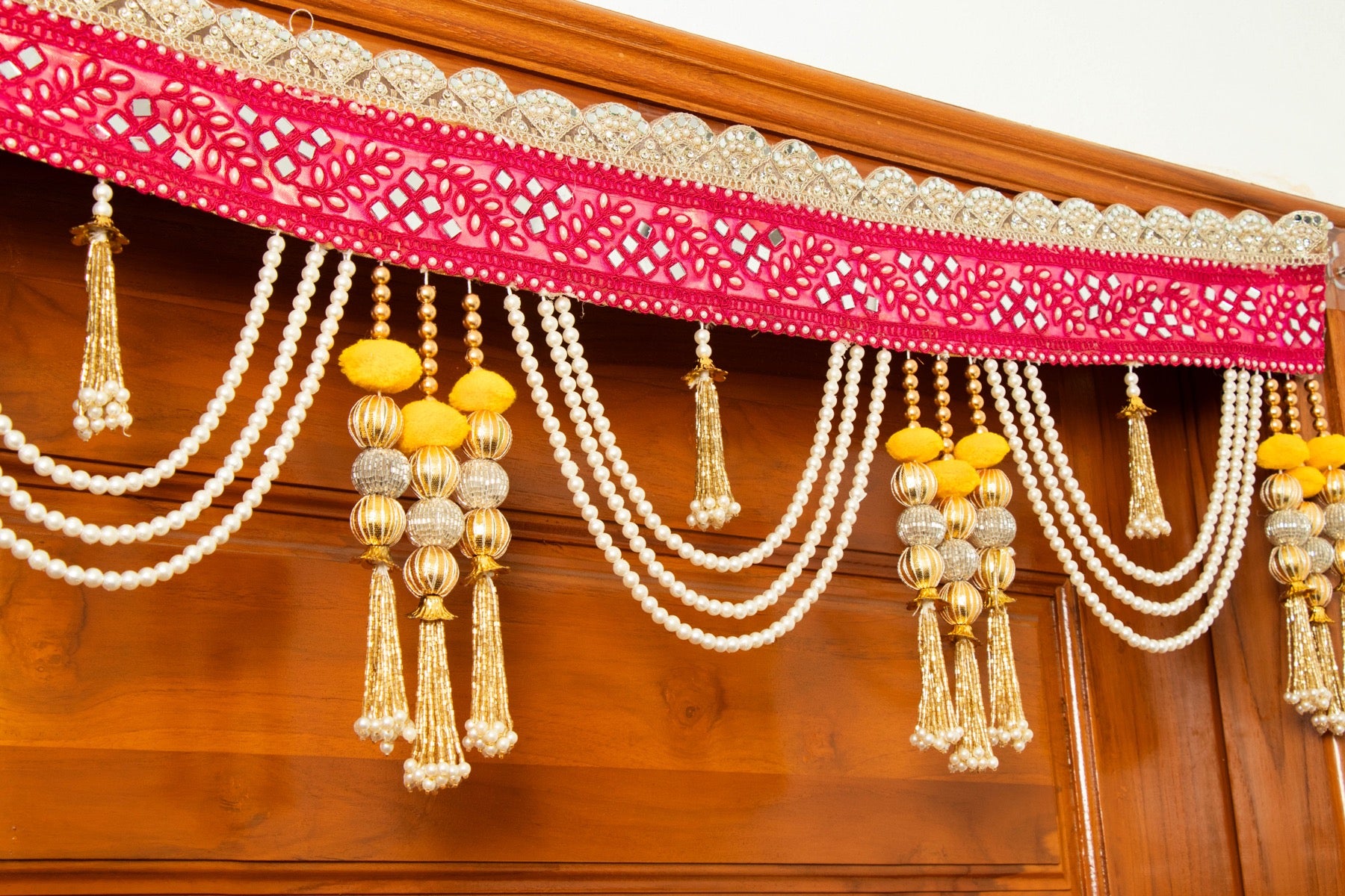 Handcrafted Rose Red Mirror, Pearl & Tassel Work Toran