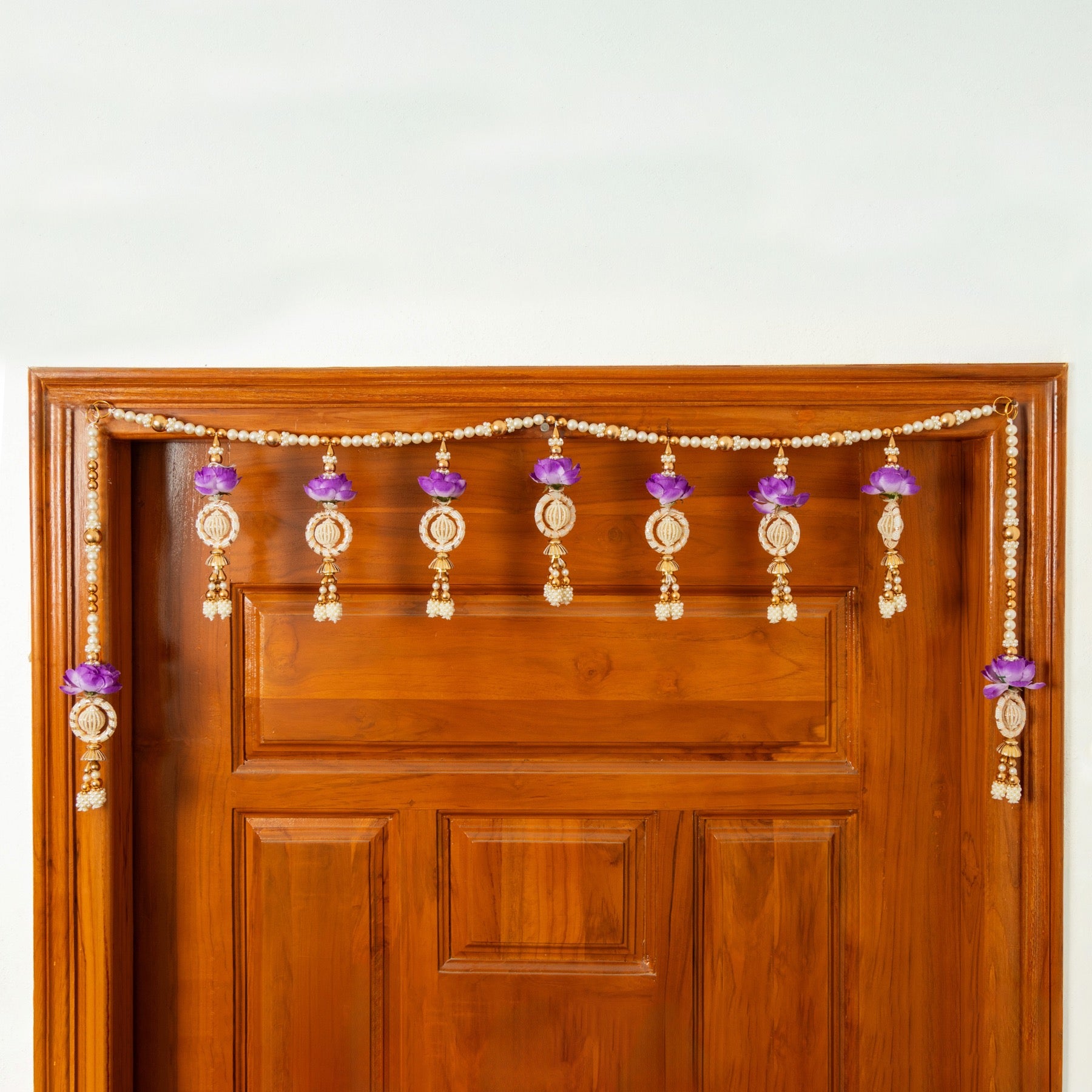 Handcrafted Purple Floral Beaded Toran with Golden Pearl Work