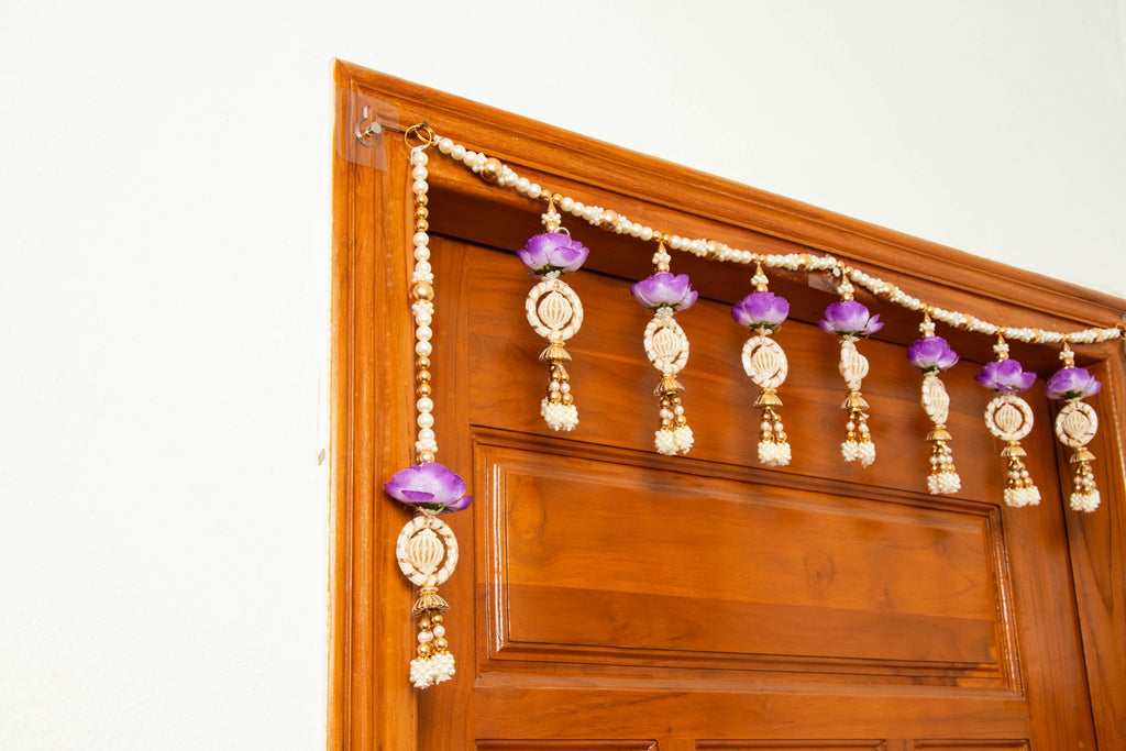 Handcrafted Purple Floral Beaded Toran with Golden Pearl Work
