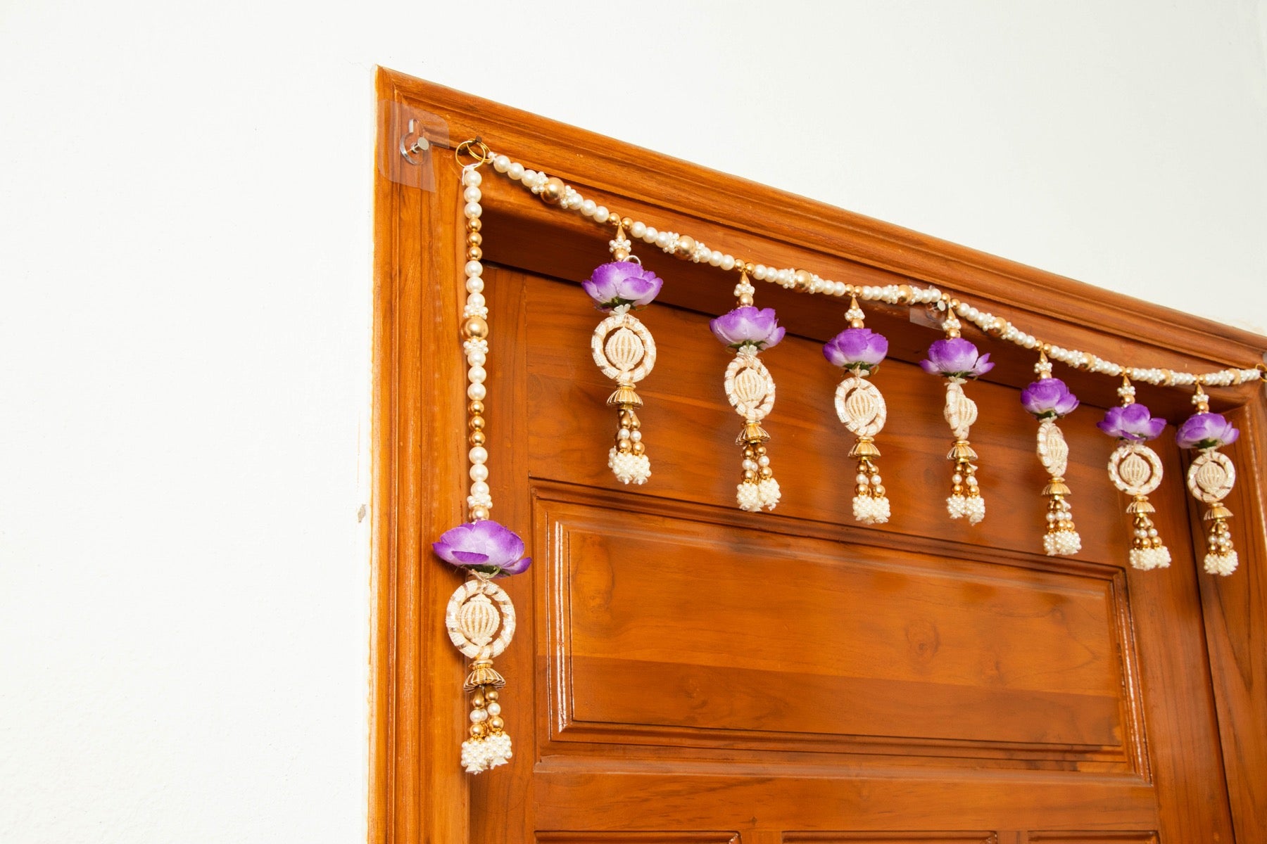 Handcrafted Purple Floral Beaded Toran with Golden Pearl Work