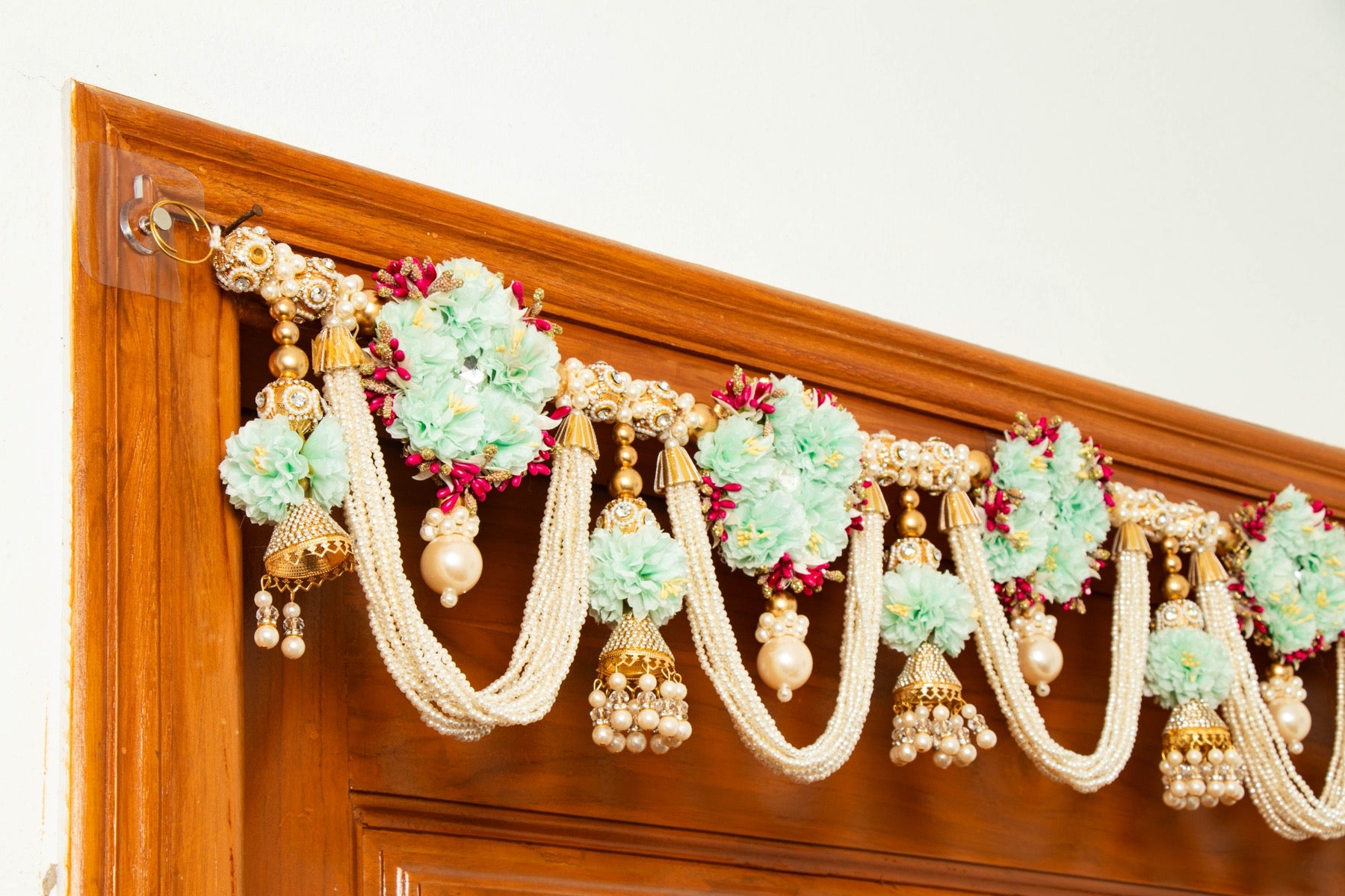 Handcrafted Turquoise and Pearl Beaded Floral Toran