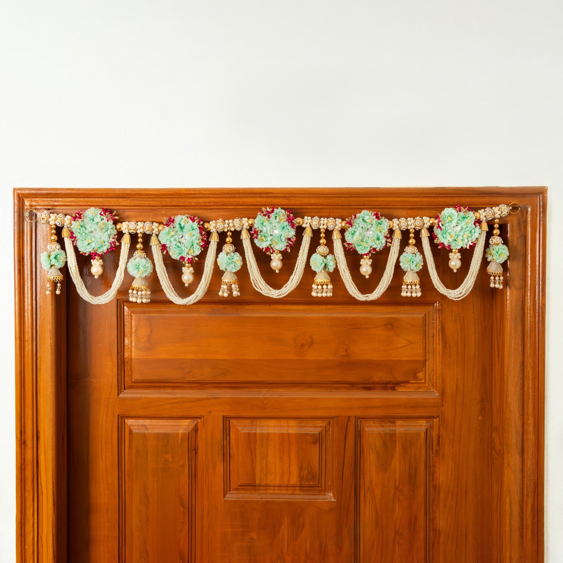 Handcrafted Turquoise and Pearl Beaded Floral Toran