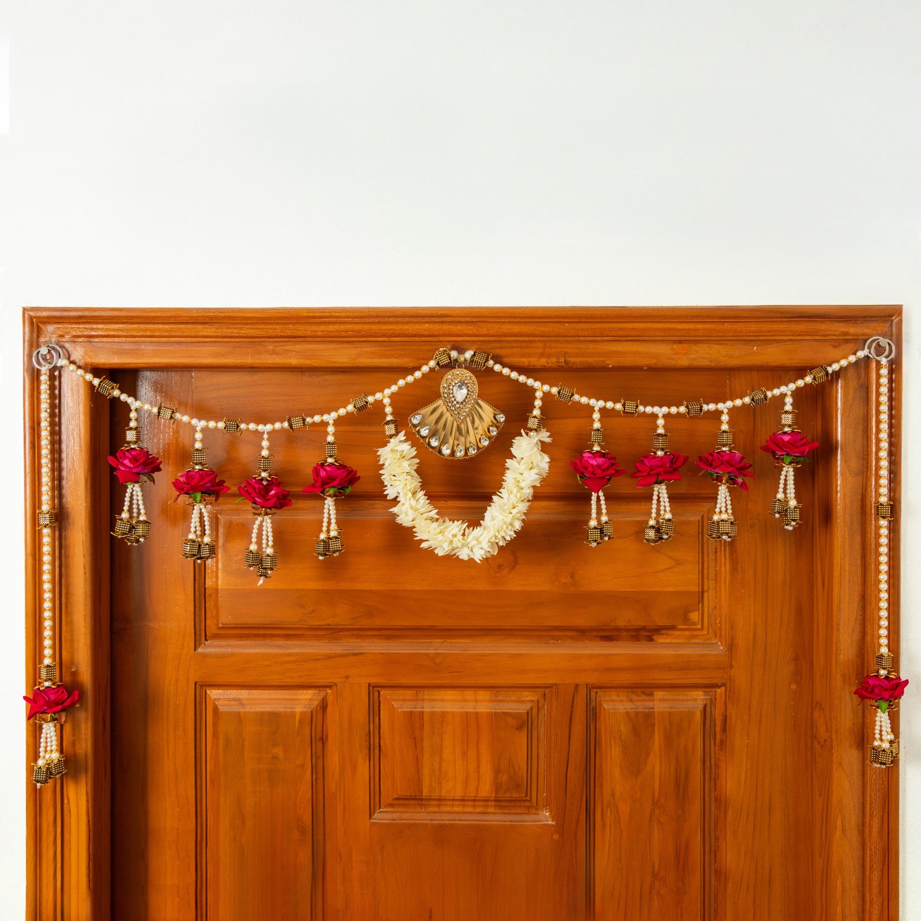 Handcrafted Red Floral Beaded Toran with Metallic Stone Work