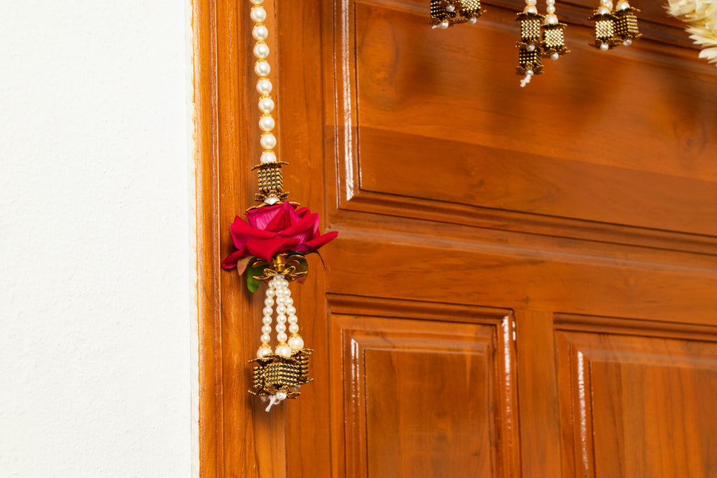 Handcrafted Red Floral Beaded Toran with Metallic Stone Work