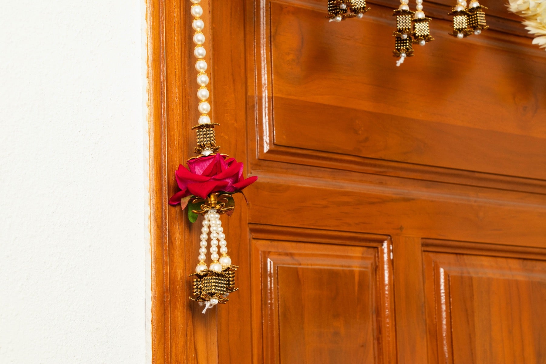 Handcrafted Red Floral Beaded Toran with Metallic Stone Work