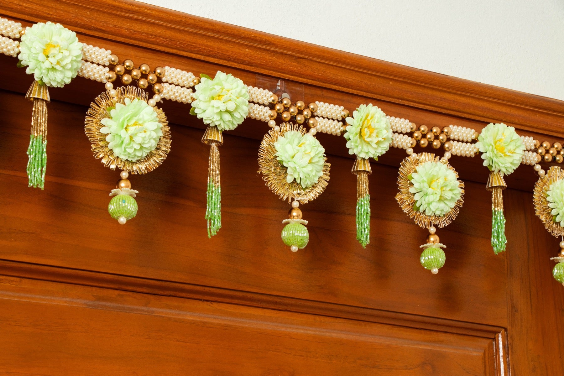 Handcrafted Mint Green Floral Pearl Toran