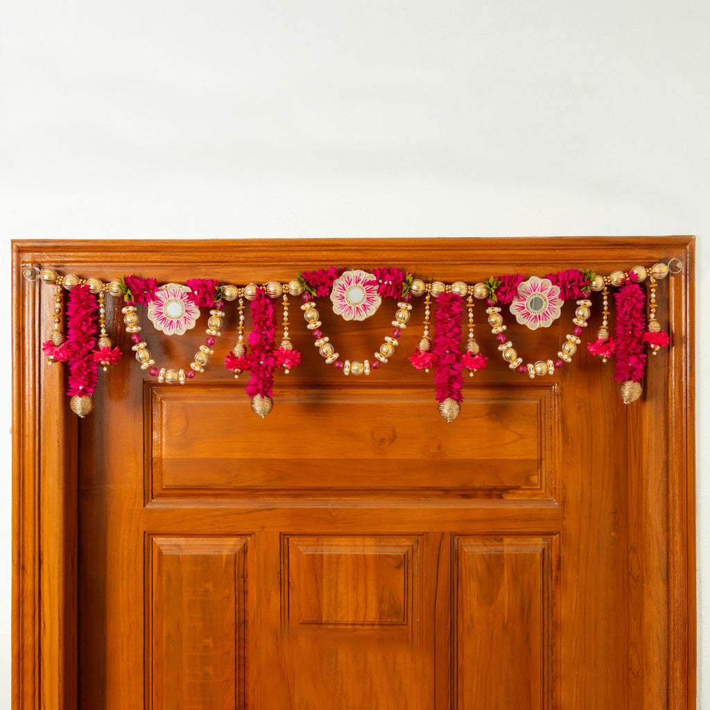 Handcrafted Red and Pink Circular Floral Bloom Toran